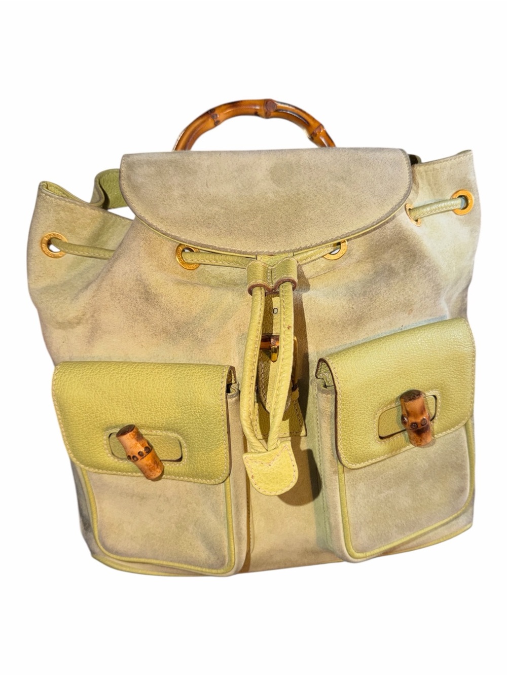 Gucci Vintage Suede Bamboo Double Pocket Backpack Lime Yellow - 003-2058